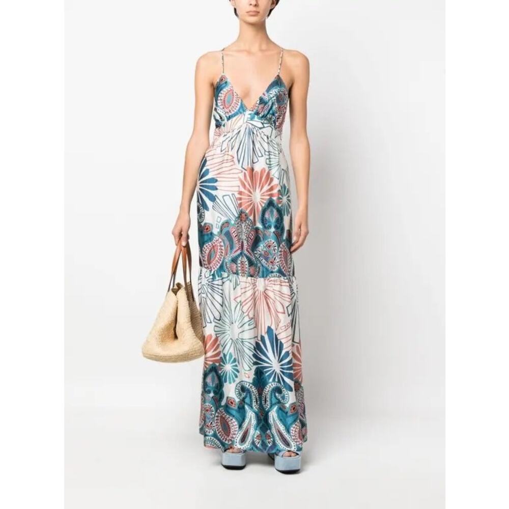 BA&SH Women,s Blue White Paisley Print V-Neck Tiered Maxi Dress Size Medium